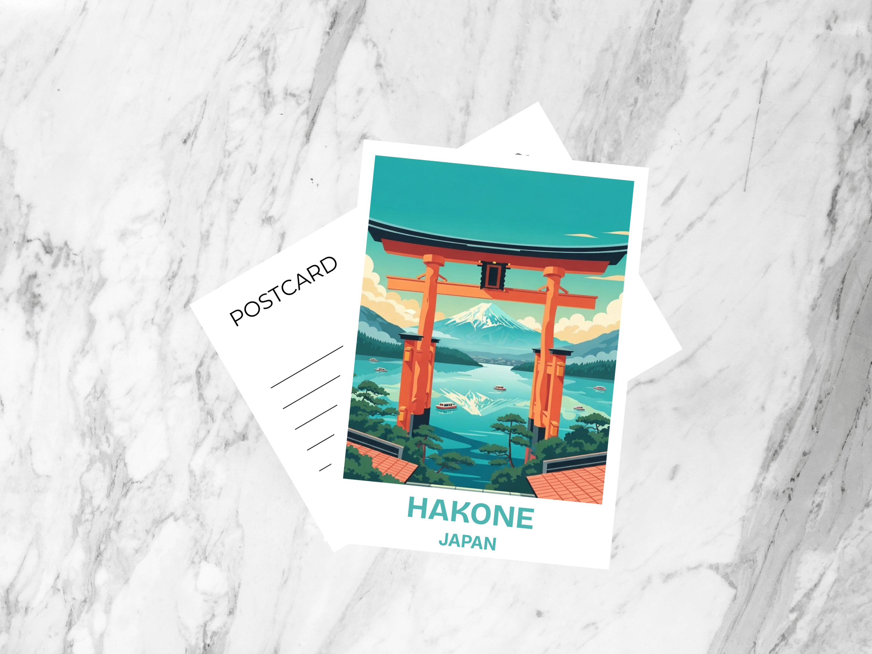 Hakone Adventure Travel Postcard Retro Vintage Travel Poster Mid Century Scenic Lake Ashi Illustration Japan Art Card