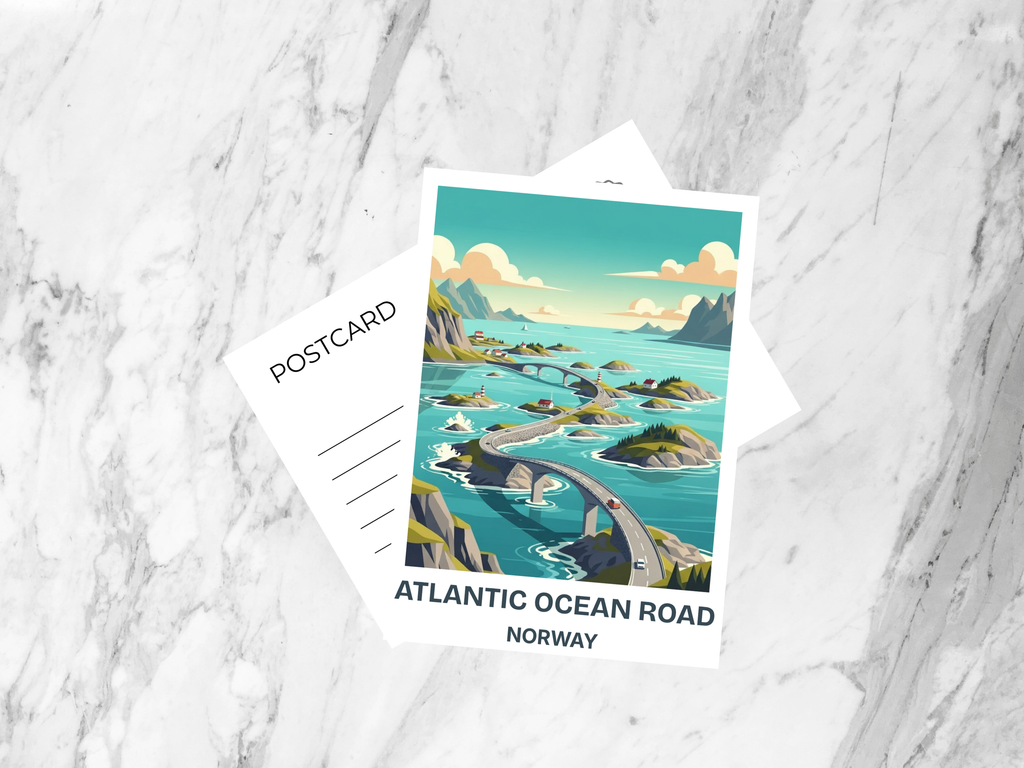 Atlantic Ocean Road Postcard Retro Travel Poster Norway Mid Century Vintage Scenic Ocean Road Illustration Tourism Art Card