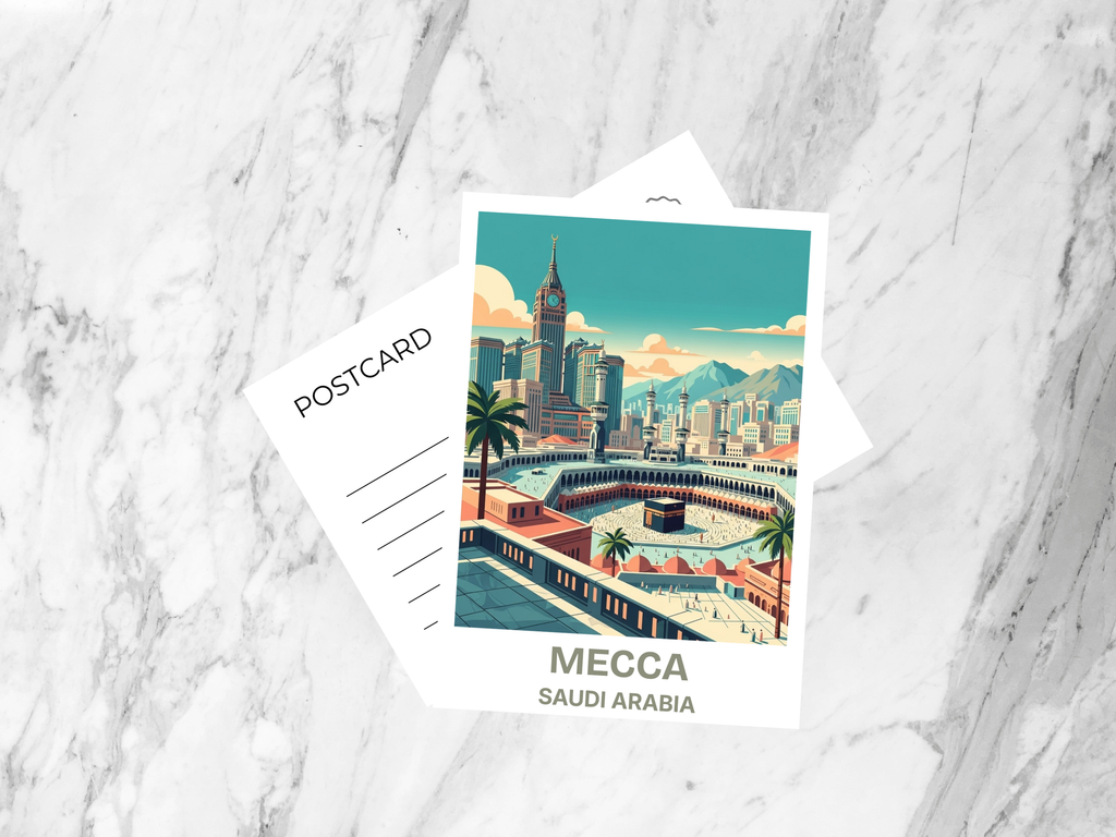 Mecca Travel Postcard Retro Vintage Travel Poster Mid Century Hajj Umrah Scenic Illustration Islamic Art Tourism Card