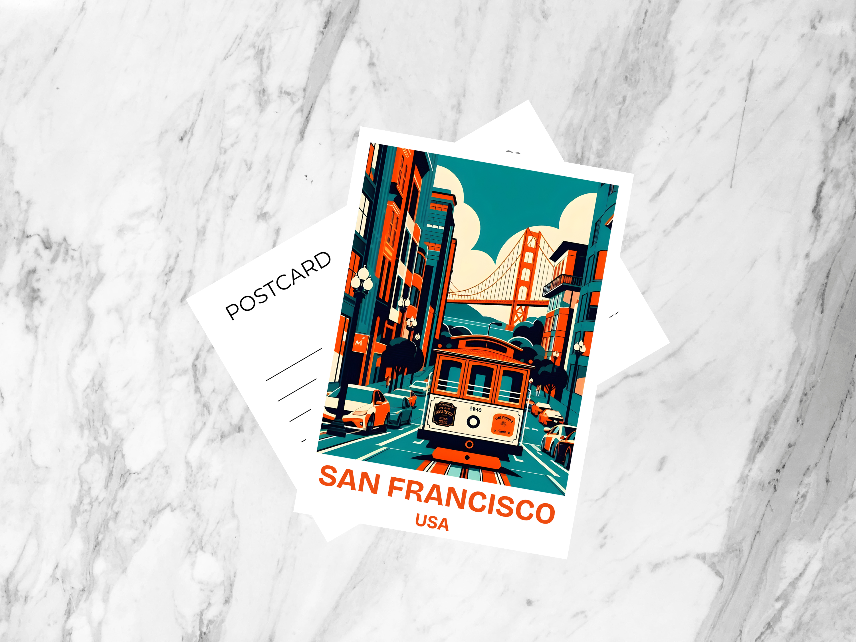 San Francisco Landmark Postcard Cable Car & Golden Gate Bridge California Travel Keepsake SF Skyline Souvenir Cable Car Illustration