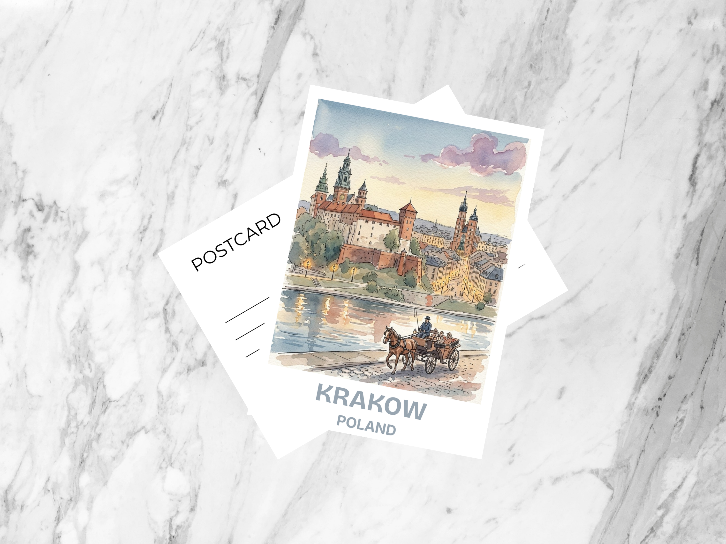 Krakow Poland Postcard Watercolor Historic Illustration Polish Travel Souvenir European Art Card Easter Europe Medieval City Photo