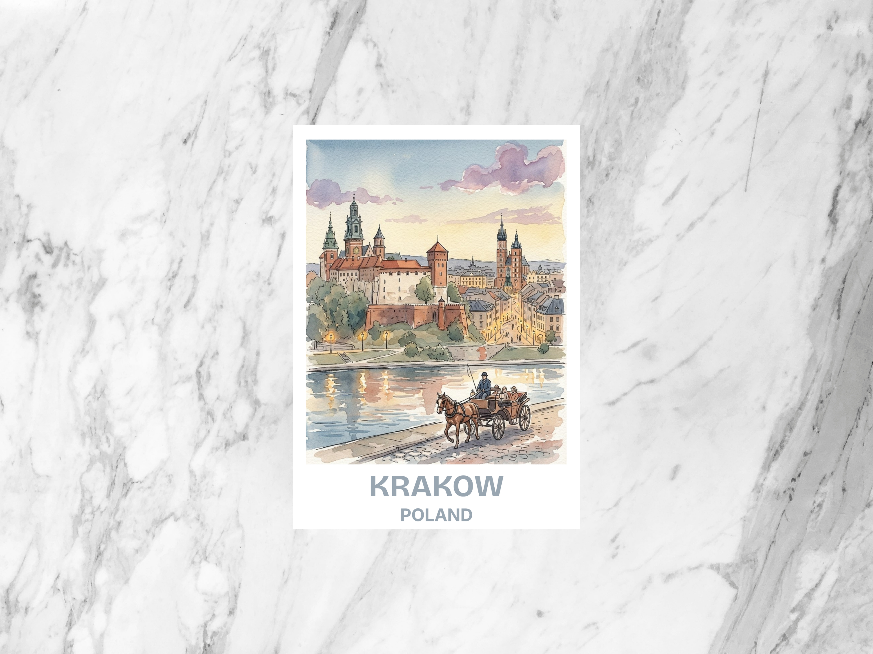 Krakow Poland Postcard Watercolor Historic Illustration Polish Travel Souvenir European Art Card Easter Europe Medieval City Photo