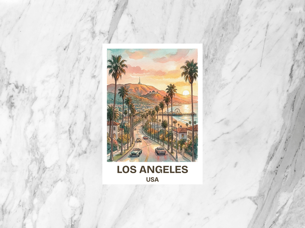 Los Angeles California Watercolor Postcard Hollywood Travel Art LA City Souvenir Card USA Vacation Gift Decor Hallway Wall Art Display