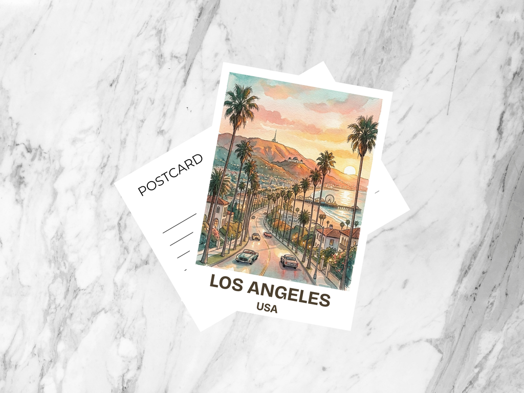 Los Angeles California Watercolor Postcard Hollywood Travel Art LA City Souvenir Card USA Vacation Gift Decor Hallway Wall Art Display