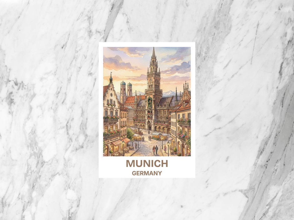 Munich Germany Watercolor Postcard Bavarian Travel Art Historic City Souvenir Card Europe Vacation Gift Decor Junk Journal Supplies
