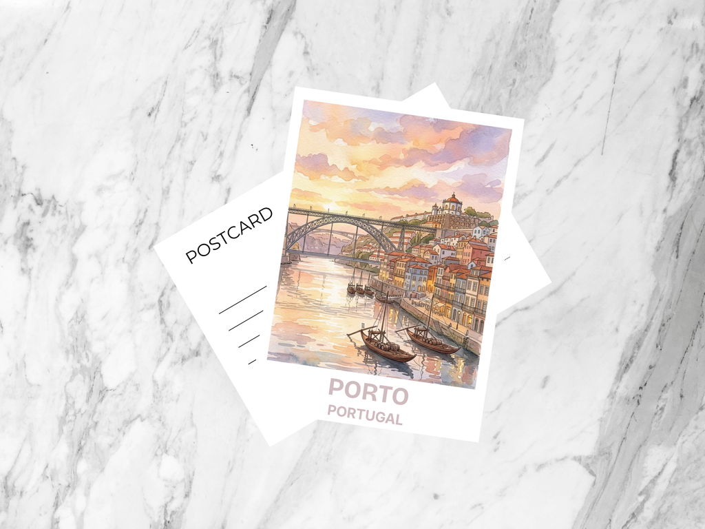 Porto Portugal Watercolor Postcard Ribeira Travel Art Portuguese City Souvenir Card Europe Vacation Gift Decor Riverside Artwork Wall Art