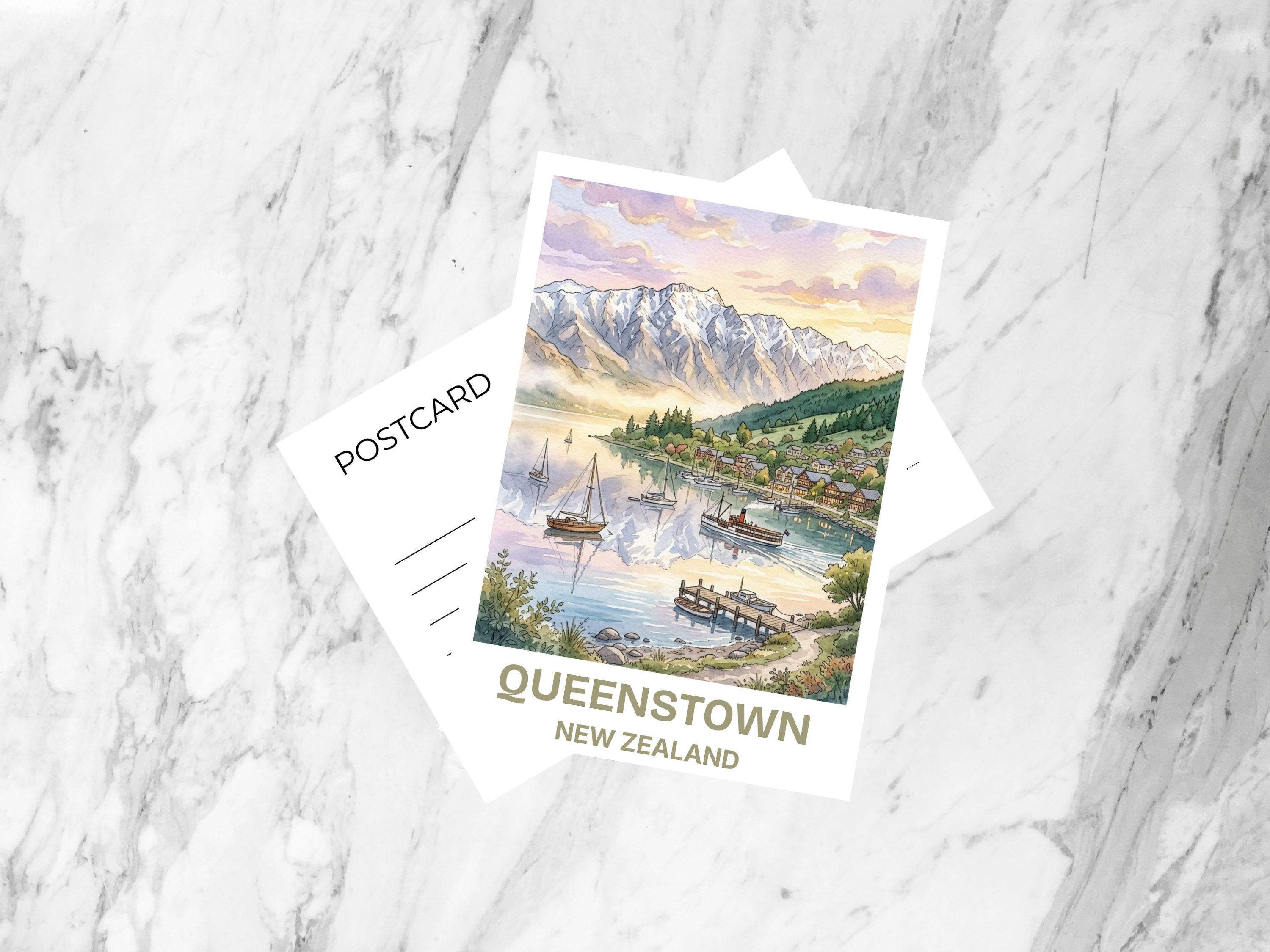 Queenstown New Zealand Watercolor Postcard Alpine Travel Art Mountain Lake Souvenir Card Vacation Gift Decor Cute Junk Journal Supplies