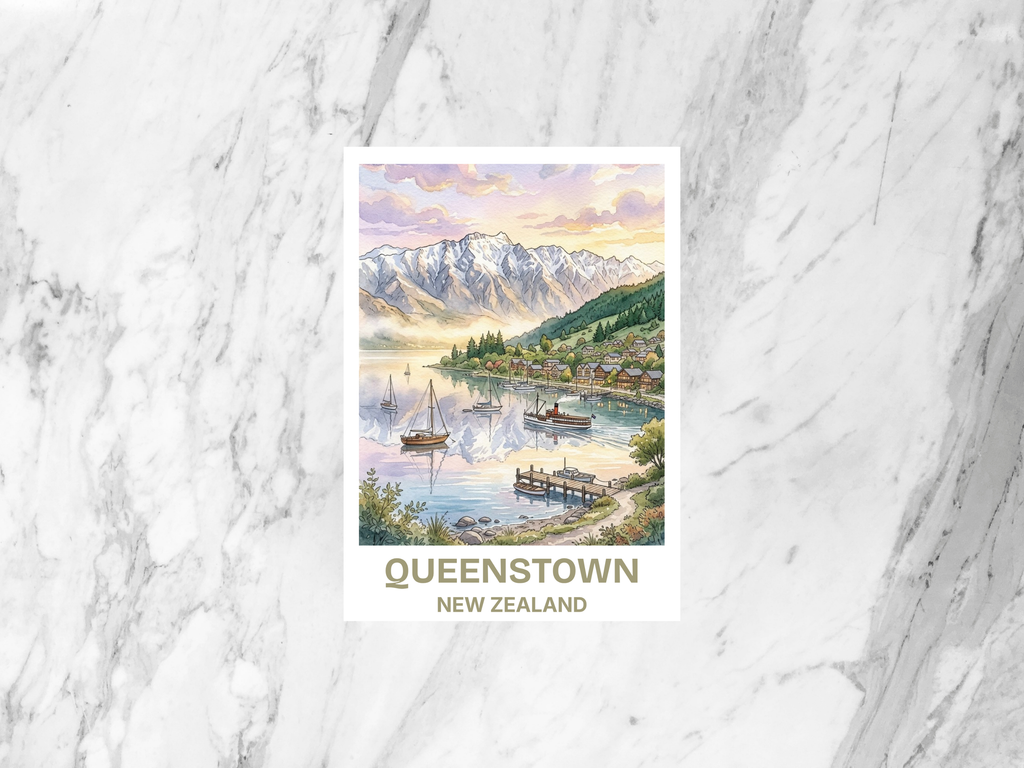 Queenstown New Zealand Watercolor Postcard Alpine Travel Art Mountain Lake Souvenir Card Vacation Gift Decor Cute Junk Journal Supplies