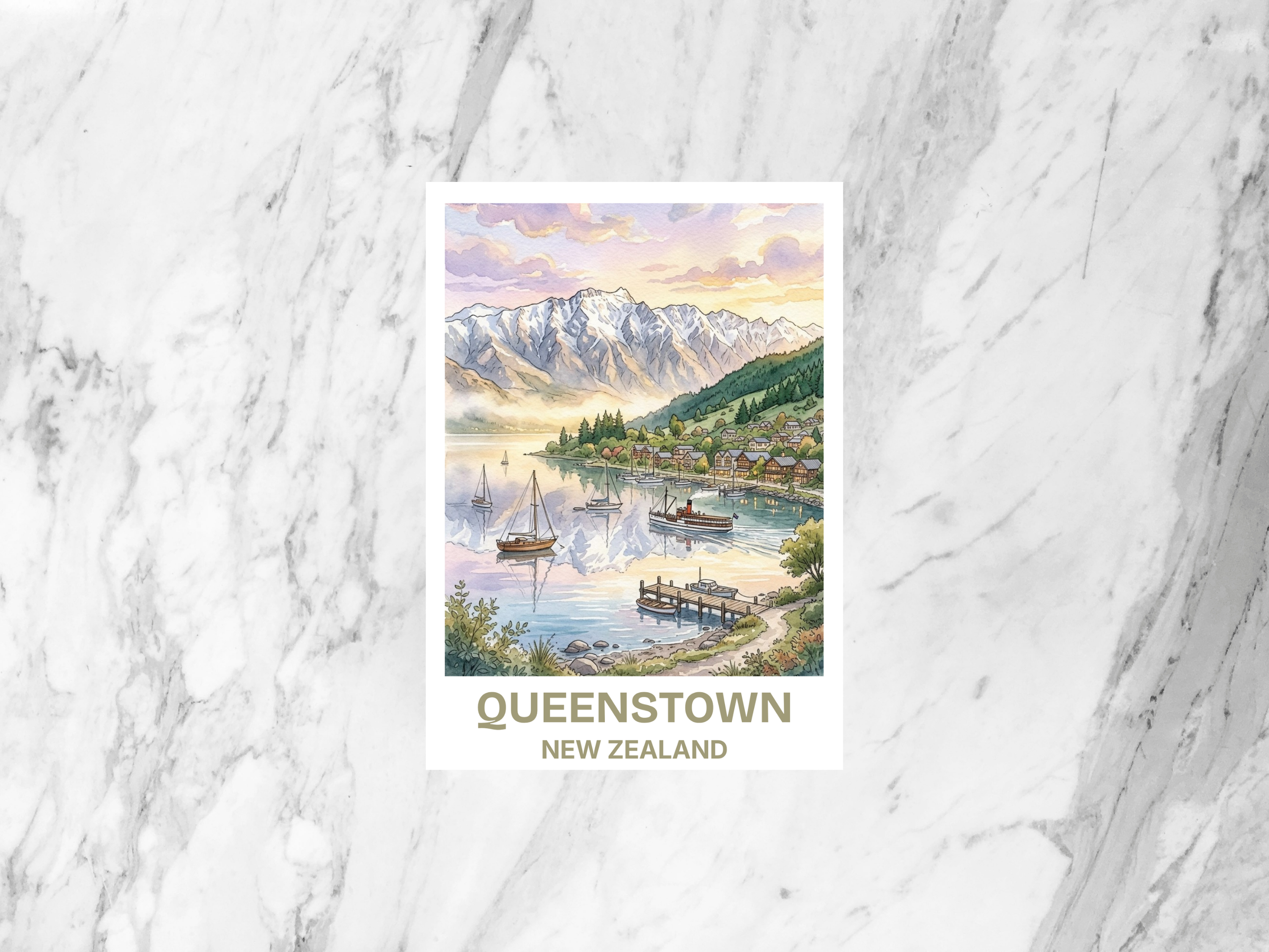 Queenstown New Zealand Watercolor Postcard Alpine Travel Art Mountain Lake Souvenir Card Vacation Gift Decor Cute Junk Journal Supplies