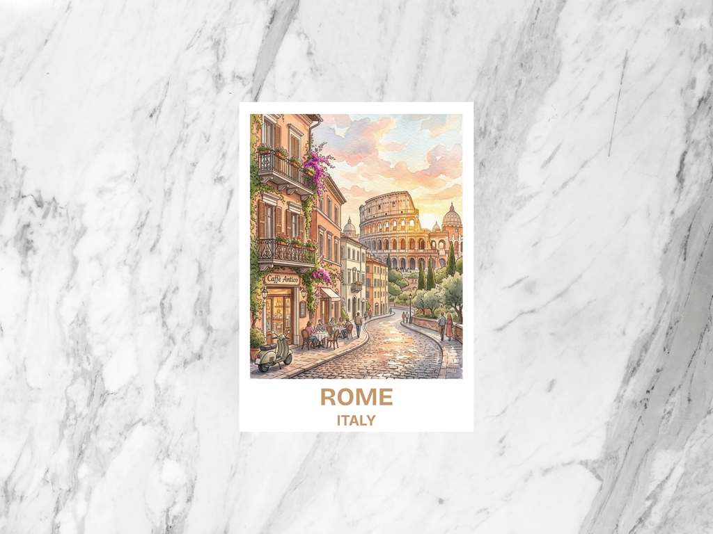 Rome Italy Postcard Watercolor Colosseum Illustration Italian Travel Souvenir European Art Print Card Roman Architecture Print