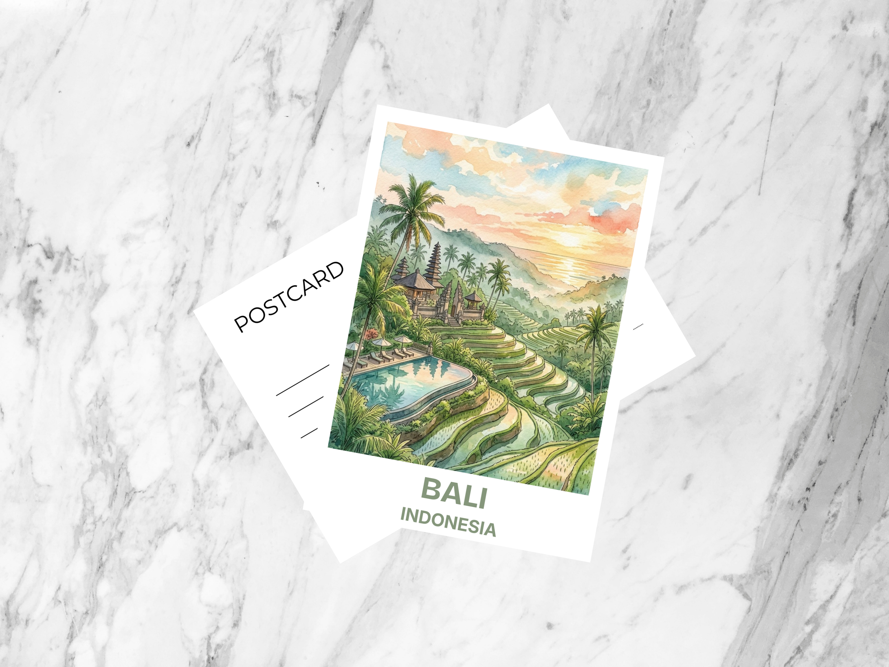 Bali Indonesia Watercolor Postcard Tropical Island Travel Art Paradise Beach Souvenir Card Vacation Gift Decor Glossy Ricefields Print