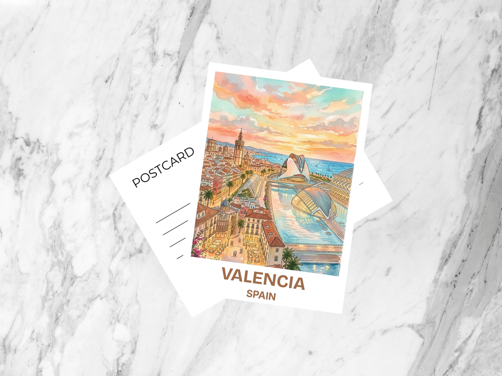 Watercolor Valencia Travel Postcard Spain City Artwork Mediterranean Vacation Souvenir Wanderlust Gift Card Coastal Art Sunny City