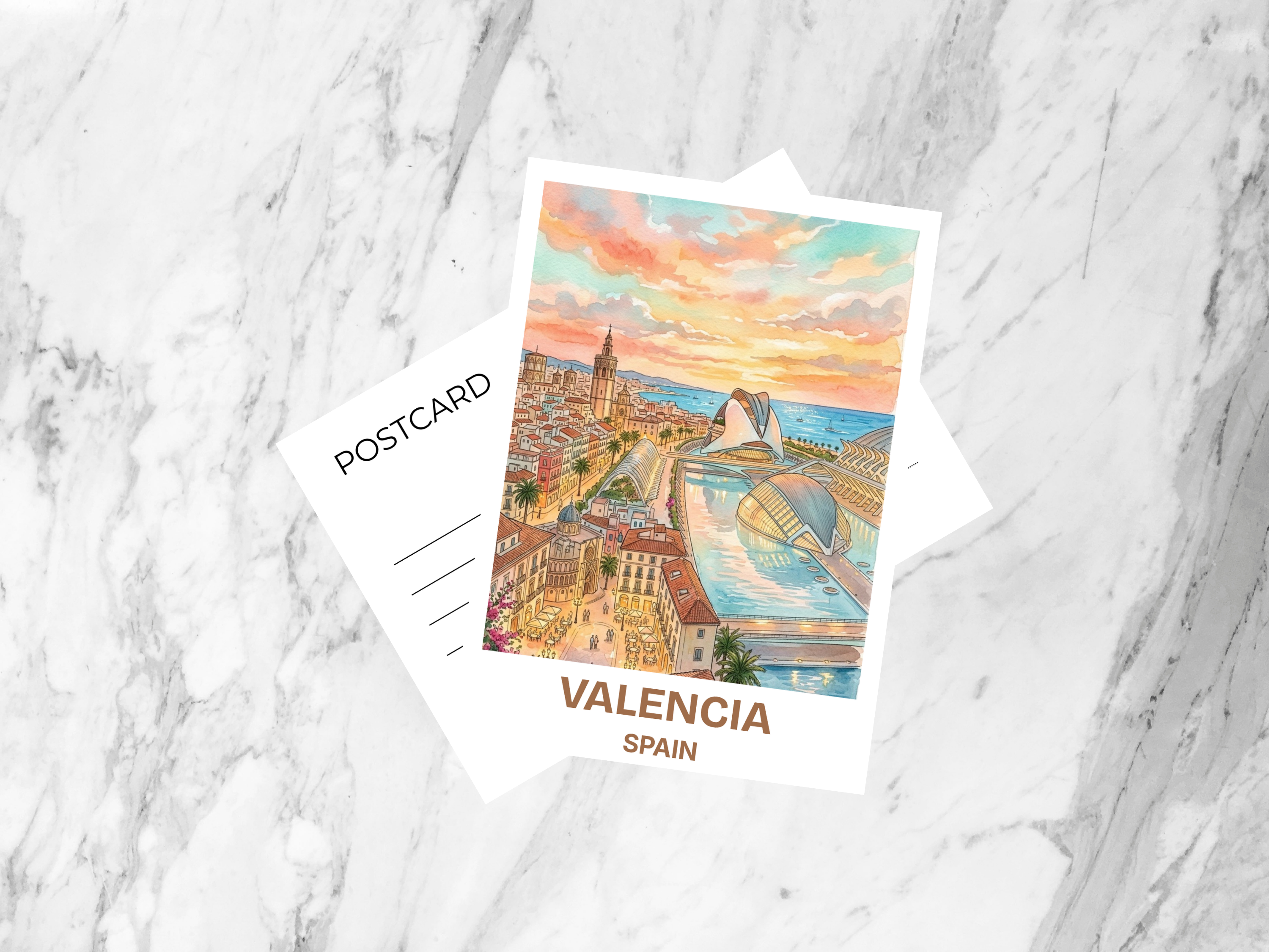 Watercolor Valencia Travel Postcard Spain City Artwork Mediterranean Vacation Souvenir Wanderlust Gift Card Coastal Art Sunny City
