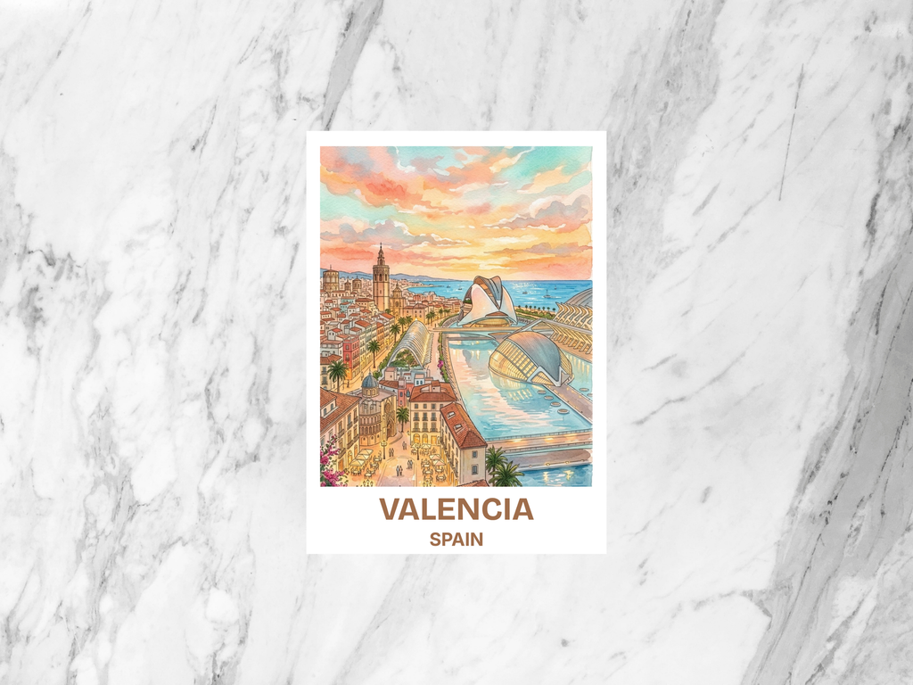 Watercolor Valencia Travel Postcard Spain City Artwork Mediterranean Vacation Souvenir Wanderlust Gift Card Coastal Art Sunny City