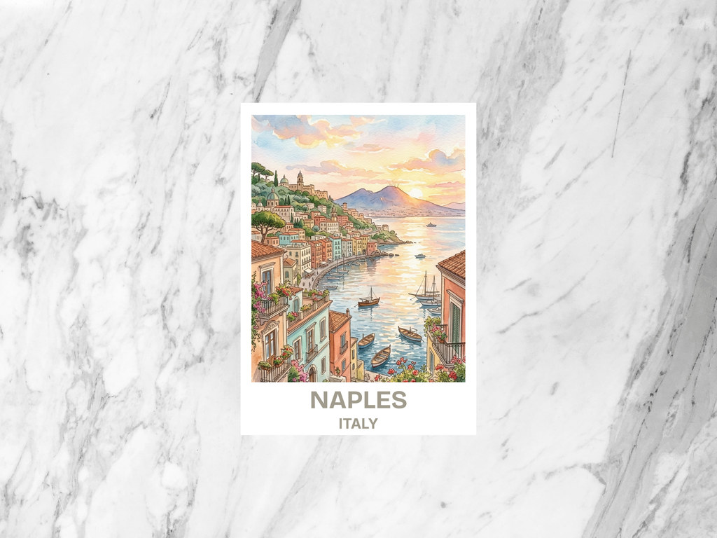 Naples Italy Postcard Watercolor Coastal Illustration Italian Travel Souvenir Mediterranean Art Card Vesuvius holiday Memory Print