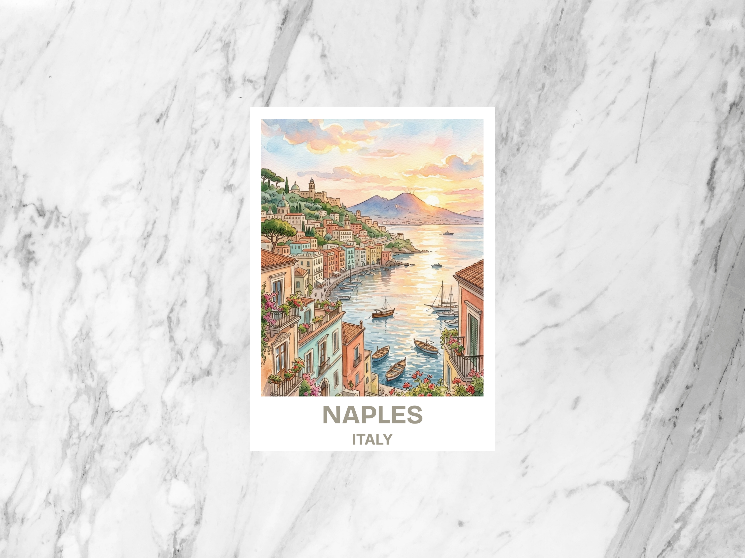 Naples Italy Postcard Watercolor Coastal Illustration Italian Travel Souvenir Mediterranean Art Card Vesuvius holiday Memory Print
