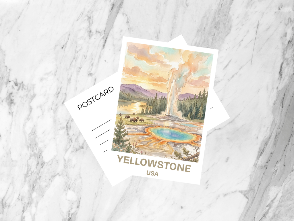 Yellowstone National Park Watercolor Postcard American Wilderness Travel Art Nature Souvenir Card Vacation Gift Adventure Lover Hiker Photo