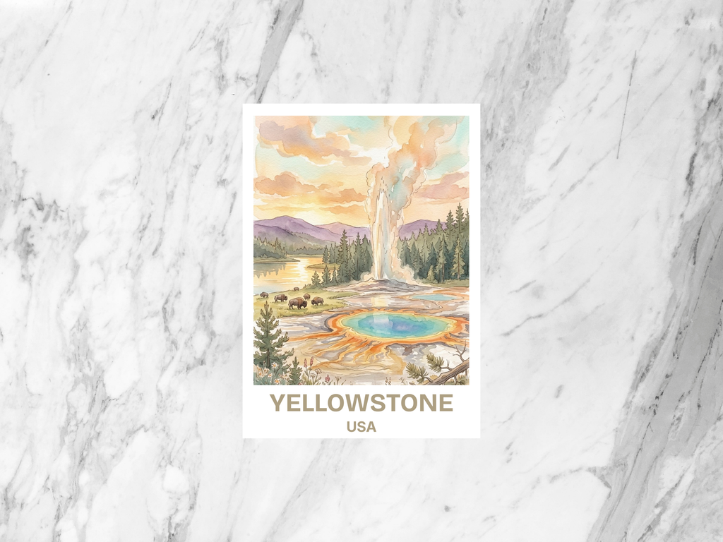 Yellowstone National Park Watercolor Postcard American Wilderness Travel Art Nature Souvenir Card Vacation Gift Adventure Lover Hiker Photo