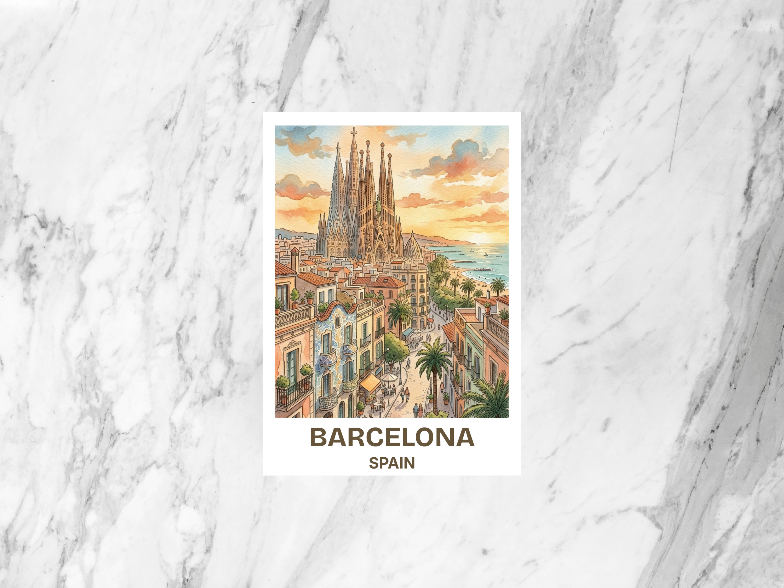 Barcelona Spain Watercolor Postcard Spanish Travel Art Sagrada Familia Souvenir Card Europe Vacation Gift Decor Gaudi Architecture Print
