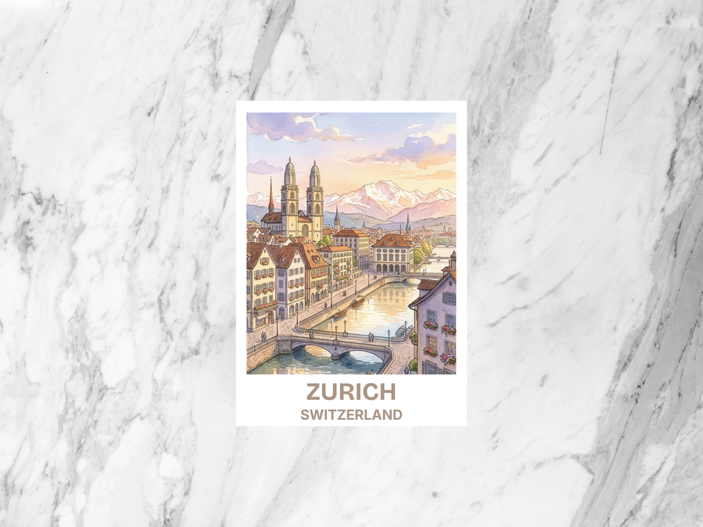 Zurich Switzerland Watercolor Postcard Swiss Travel Art Alpine City Souvenir Card Europe Vacation Gift Decor Lakefront Scenery Photo