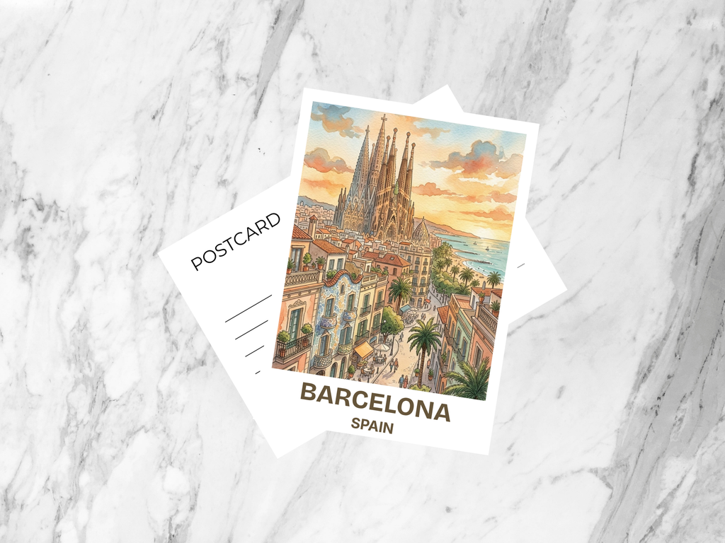 Barcelona Spain Watercolor Postcard Spanish Travel Art Sagrada Familia Souvenir Card Europe Vacation Gift Decor Gaudi Architecture Print
