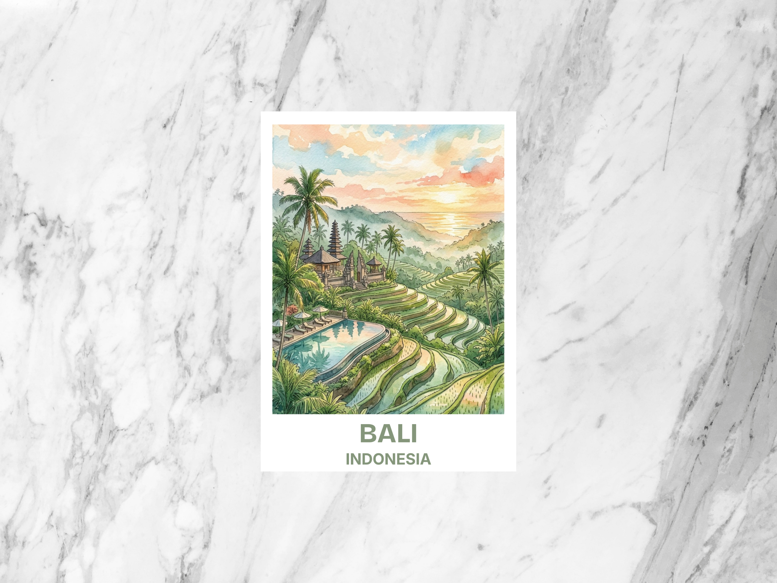 Illustration of a scenic landscape with terraced rice fields and palm trees, labeled 'Bali, Indonesia', on a marble background.