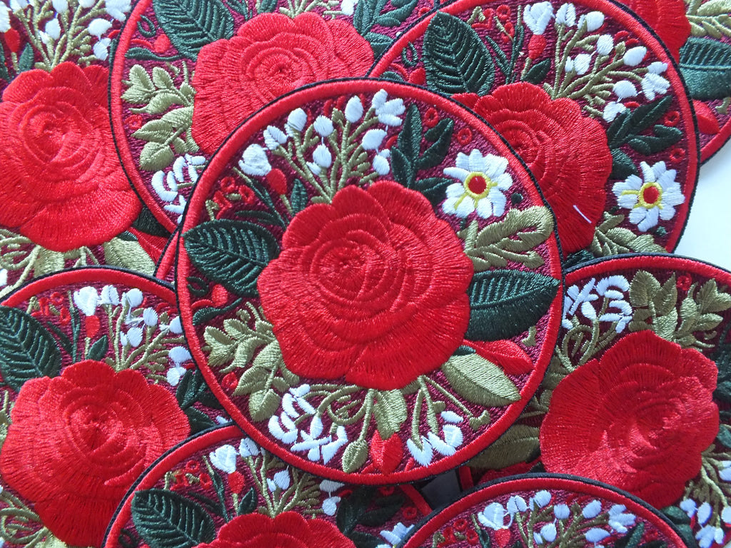 Red British Rose Patch Embroidered Flower Badge Iron On Hook and Loop Rose Patch Large Red Flower Embroidery Pretty British Flower