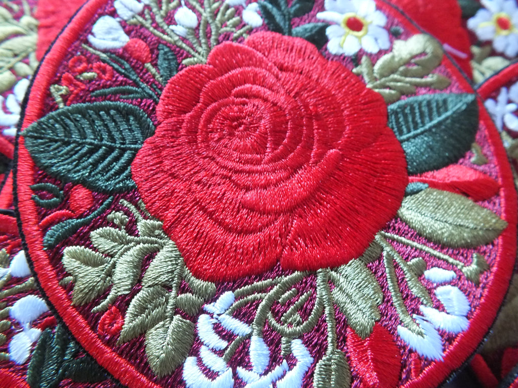 Red British Rose Patch Embroidered Flower Badge Iron On Hook and Loop Rose Patch Large Red Flower Embroidery Pretty British Flower
