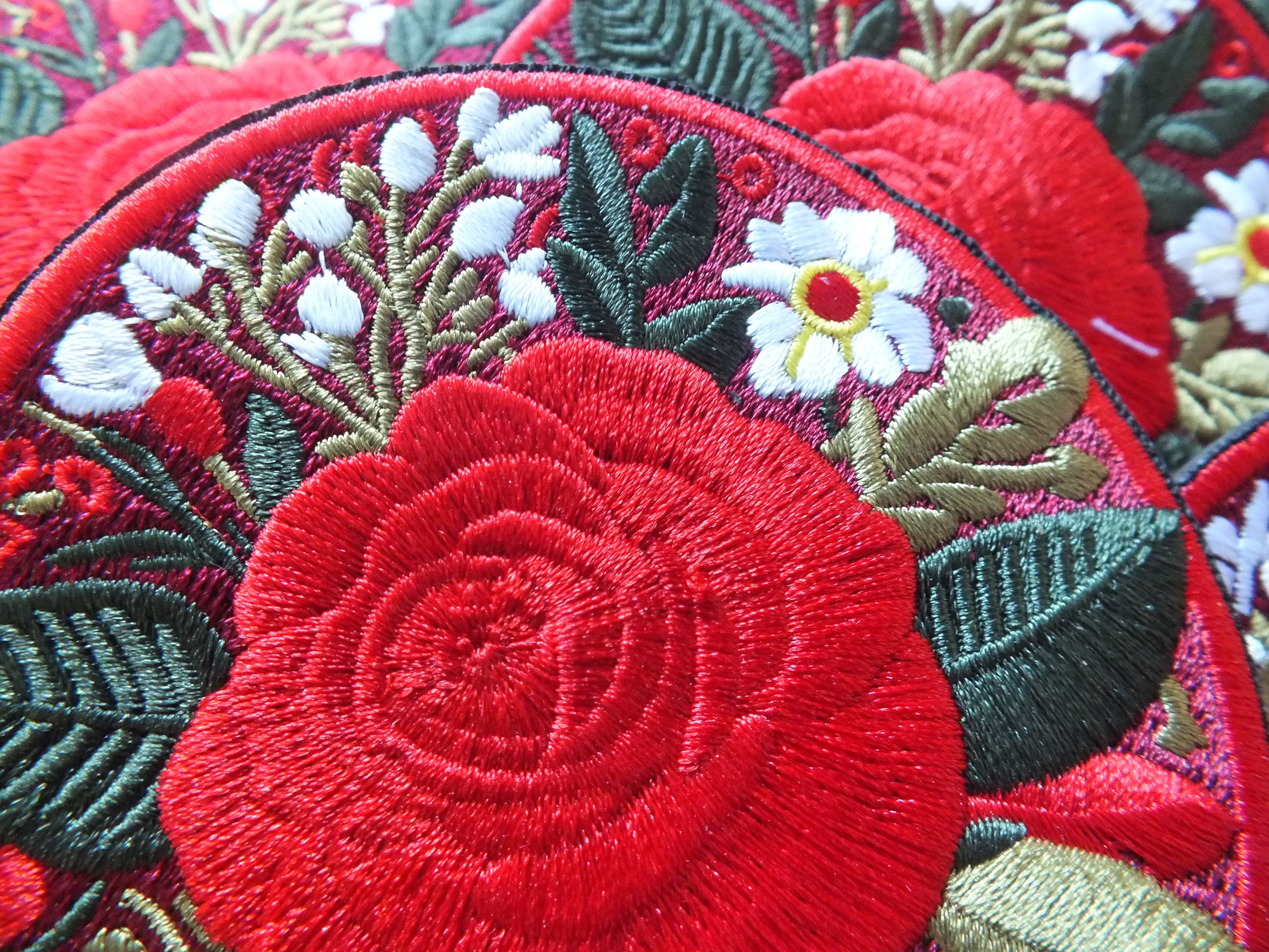 Red British Rose Patch Embroidered Flower Badge Iron On Hook and Loop Rose Patch Large Red Flower Embroidery Pretty British Flower