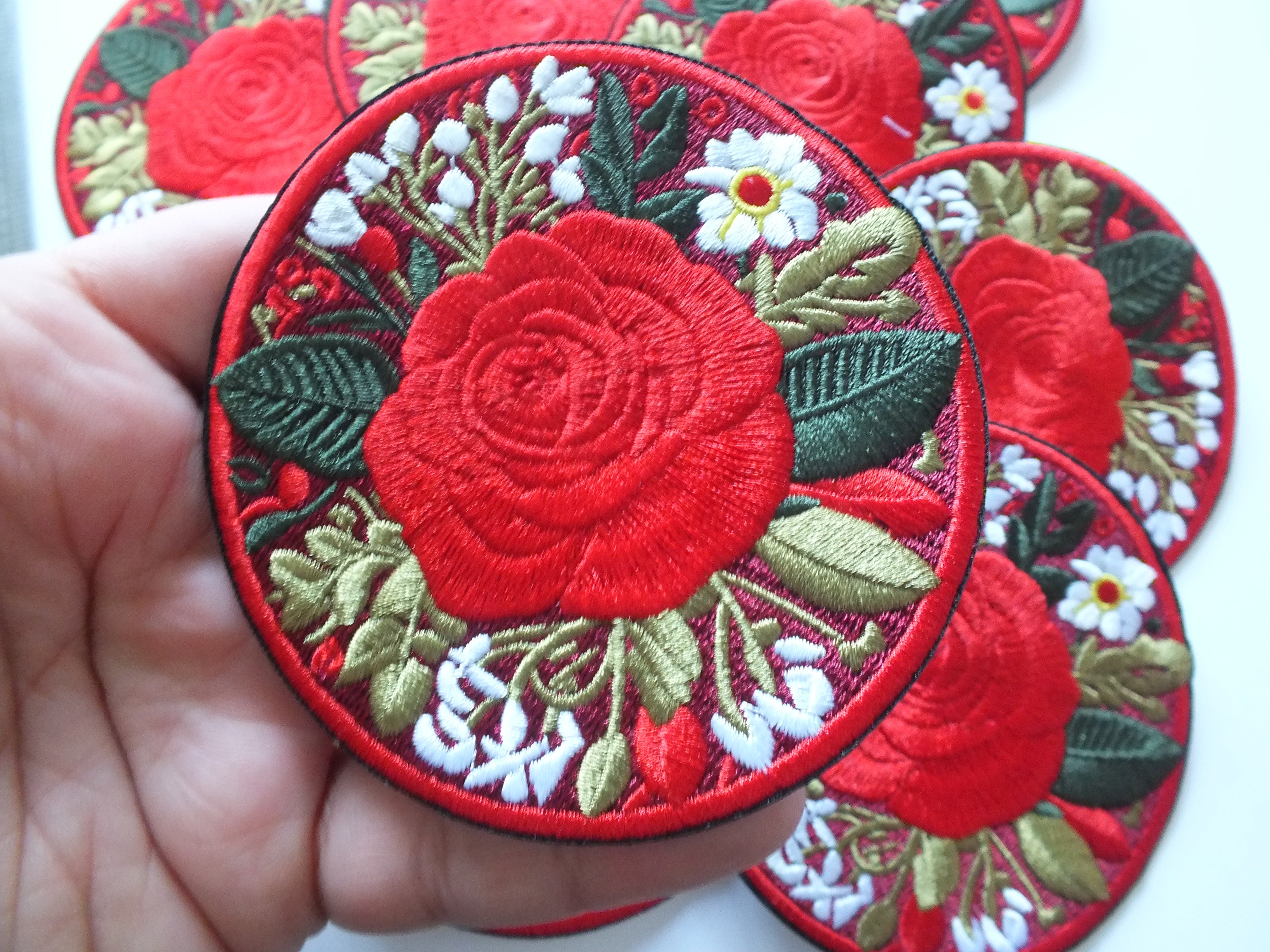 Red British Rose Patch Embroidered Flower Badge Iron On Hook and Loop Rose Patch Large Red Flower Embroidery Pretty British Flower