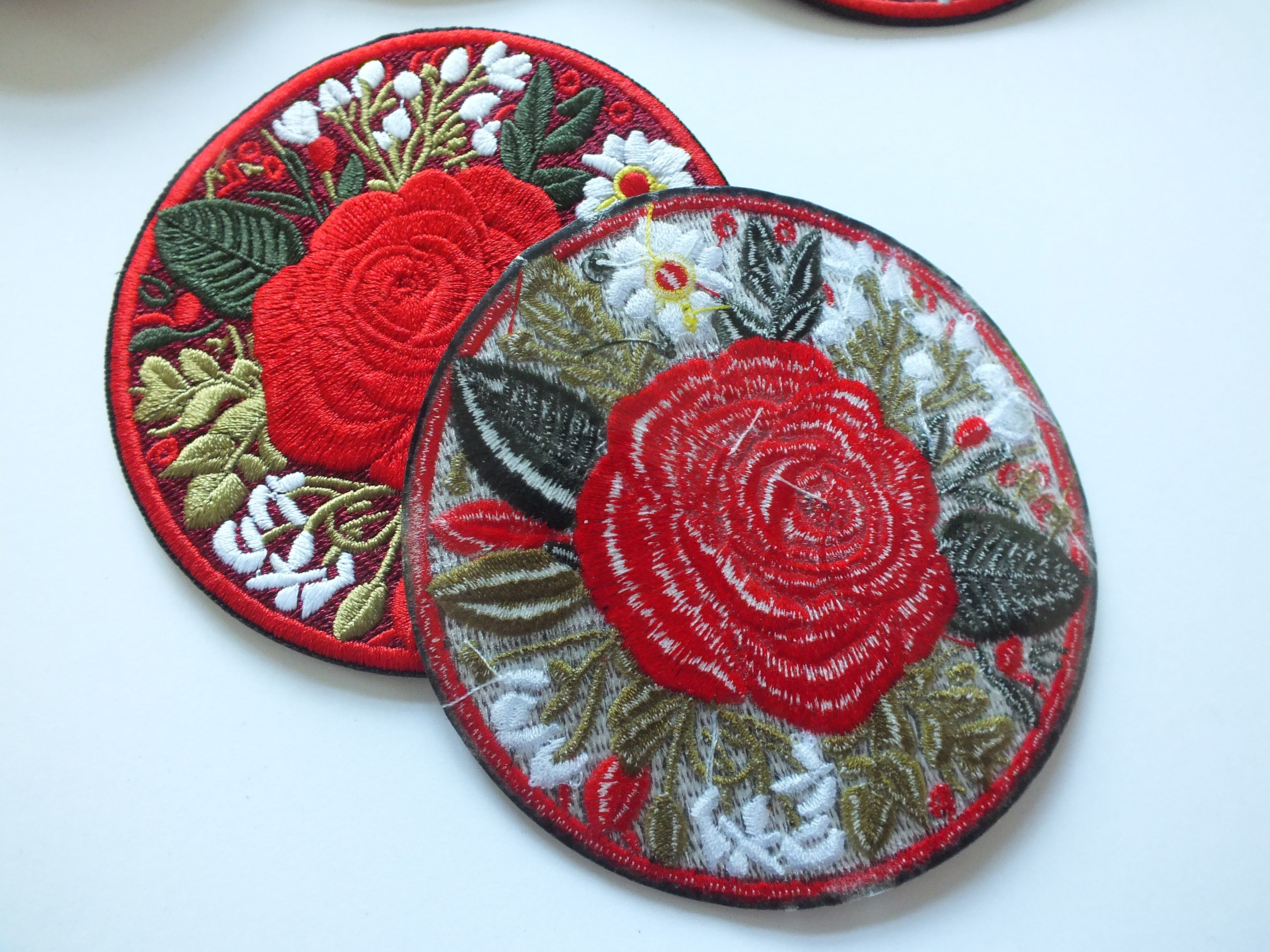 Red British Rose Patch Embroidered Flower Badge Iron On Hook and Loop Rose Patch Large Red Flower Embroidery Pretty British Flower