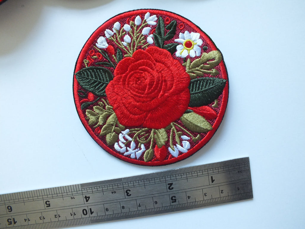 Red British Rose Patch Embroidered Flower Badge Iron On Hook and Loop Rose Patch Large Red Flower Embroidery Pretty British Flower