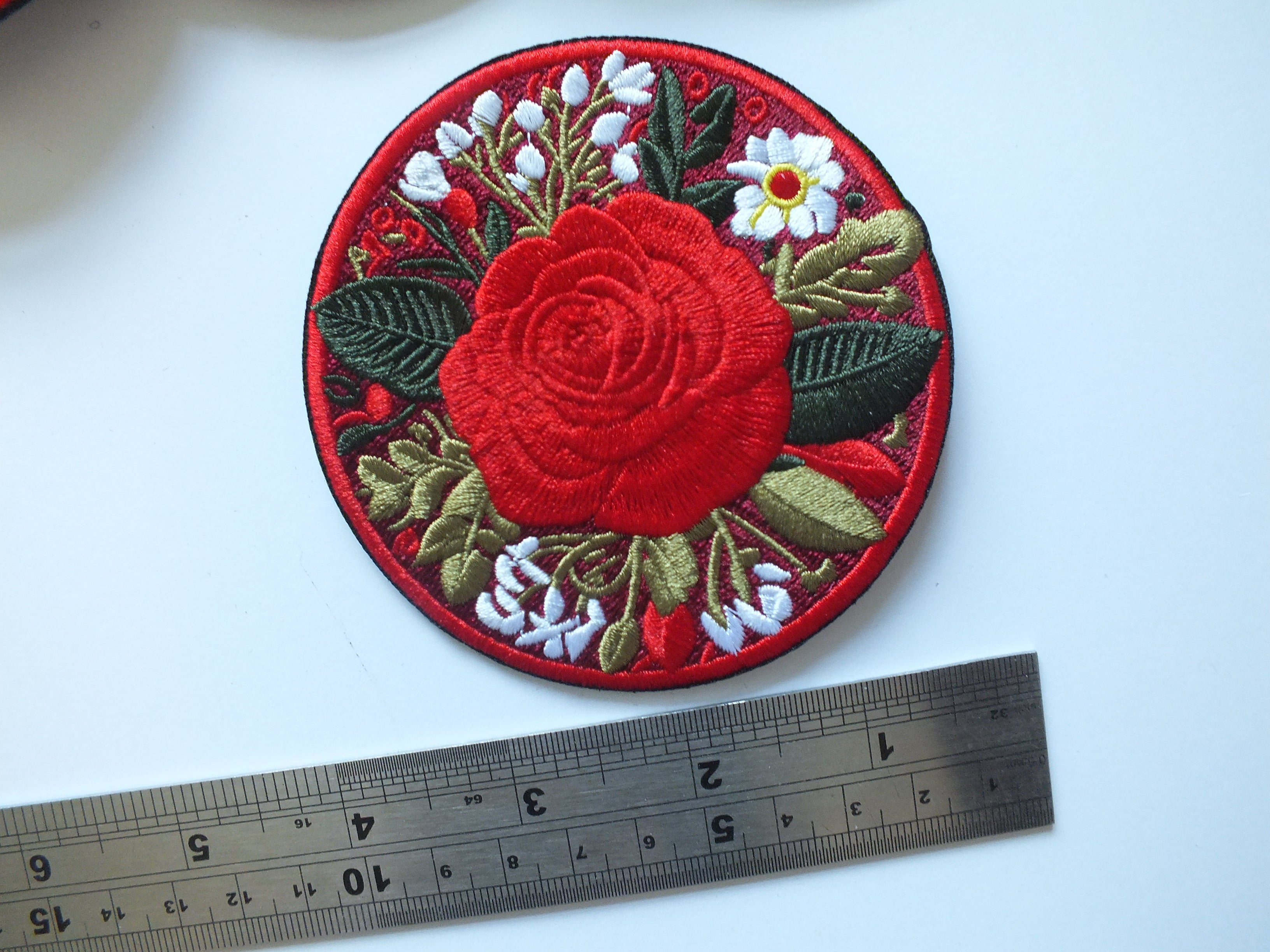 Red British Rose Patch Embroidered Flower Badge Iron On Hook and Loop Rose Patch Large Red Flower Embroidery Pretty British Flower