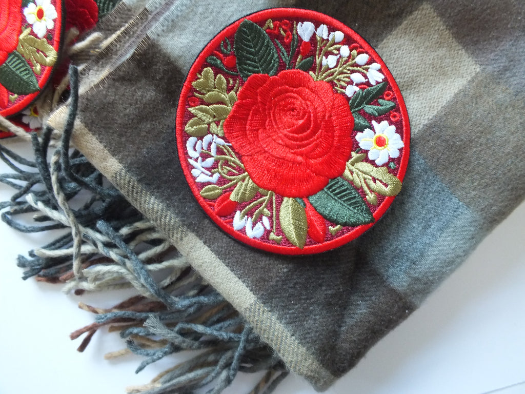 Red British Rose Patch Embroidered Flower Badge Iron On Hook and Loop Rose Patch Large Red Flower Embroidery Pretty British Flower