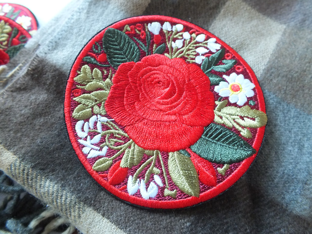 Red British Rose Patch Embroidered Flower Badge Iron On Hook and Loop Rose Patch Large Red Flower Embroidery Pretty British Flower