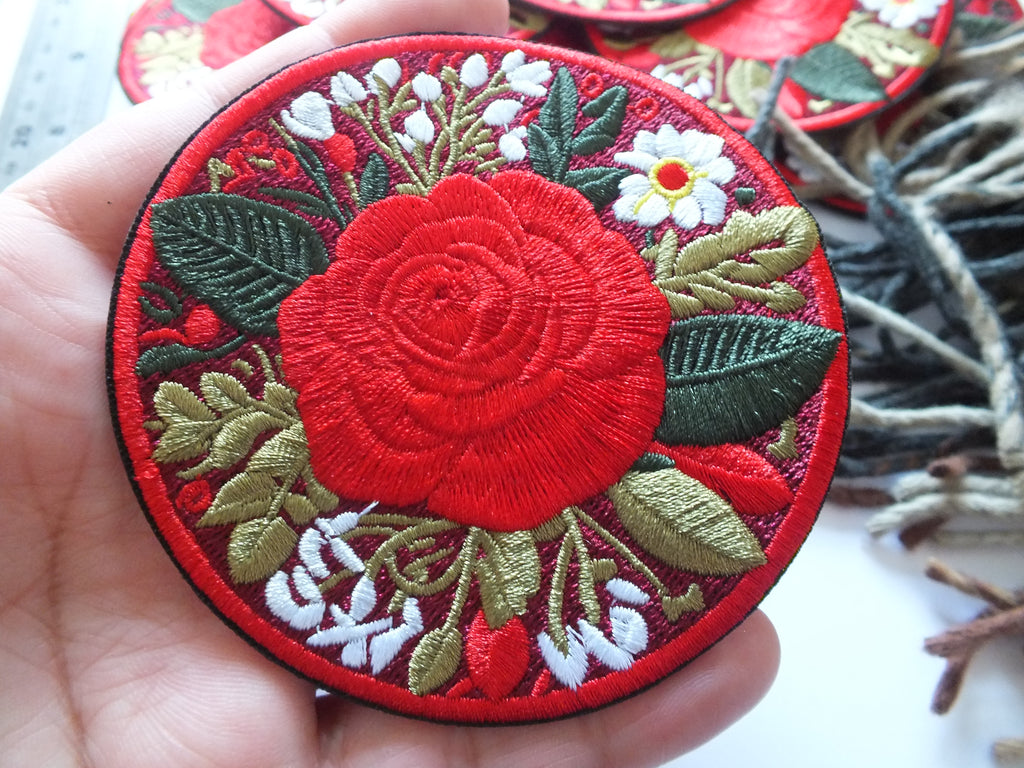 Red British Rose Patch Embroidered Flower Badge Iron On Hook and Loop Rose Patch Large Red Flower Embroidery Pretty British Flower
