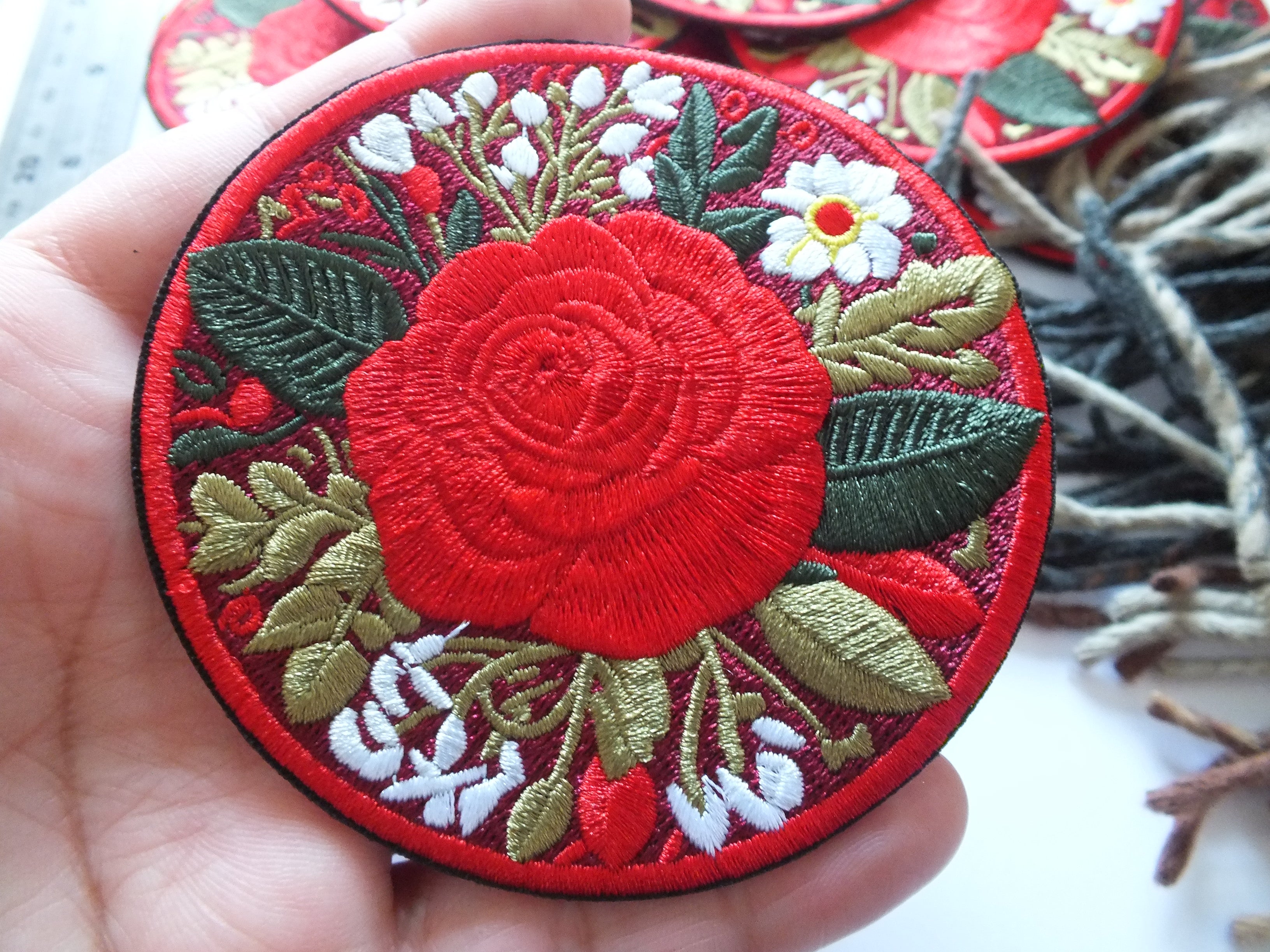 Red British Rose Patch Embroidered Flower Badge Iron On Hook and Loop Rose Patch Large Red Flower Embroidery Pretty British Flower