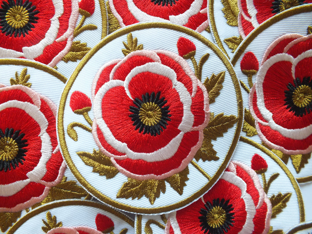 Red Poppy Patch Embroidered Round Flower Badge Iron On Hook and Loop Remembrance Poppy Patch Poppy Jacket Patch Embroidered Poppy Patch