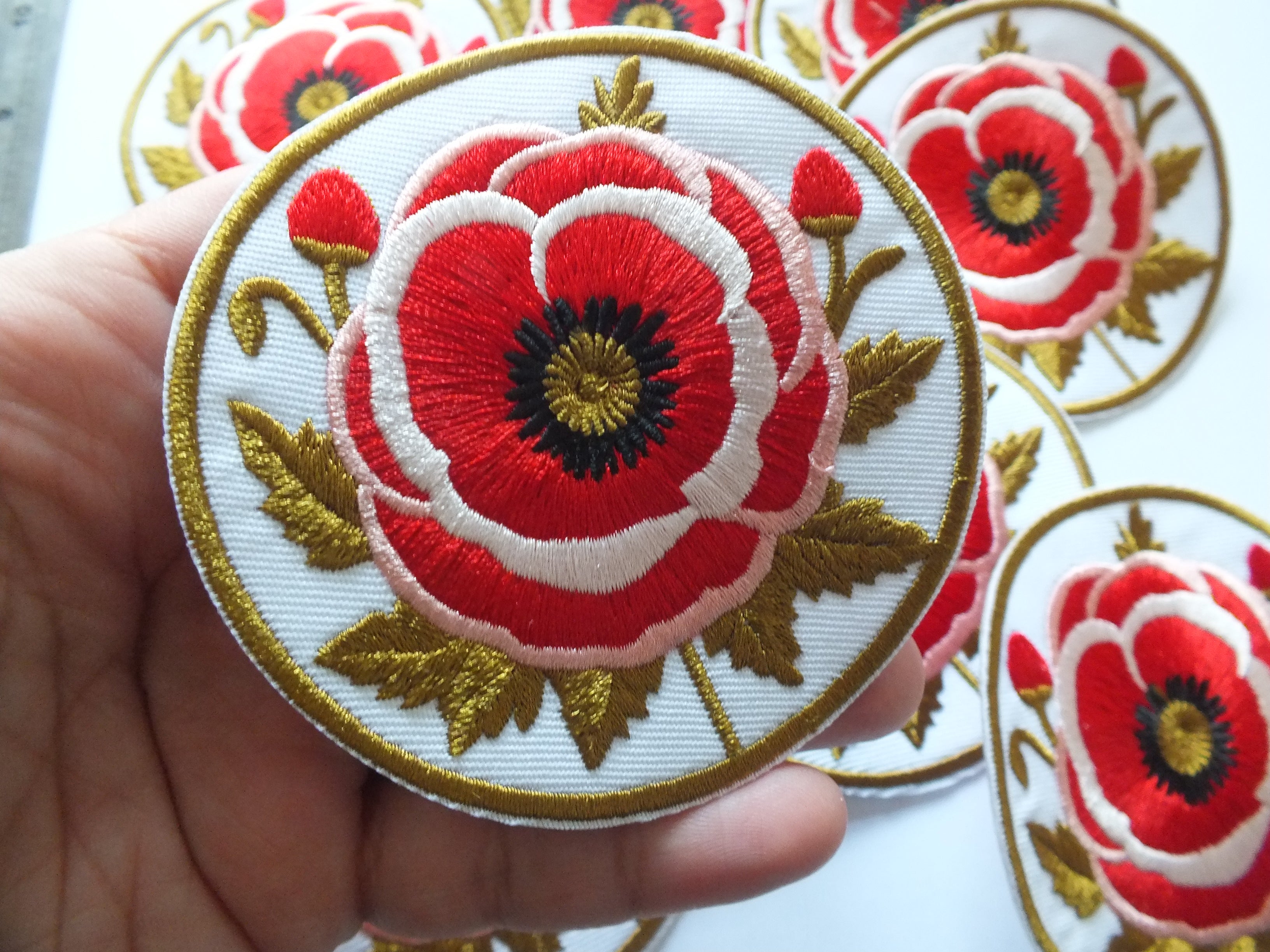 Red Poppy Patch Embroidered Round Flower Badge Iron On Hook and Loop Remembrance Poppy Patch Poppy Jacket Patch Embroidered Poppy Patch