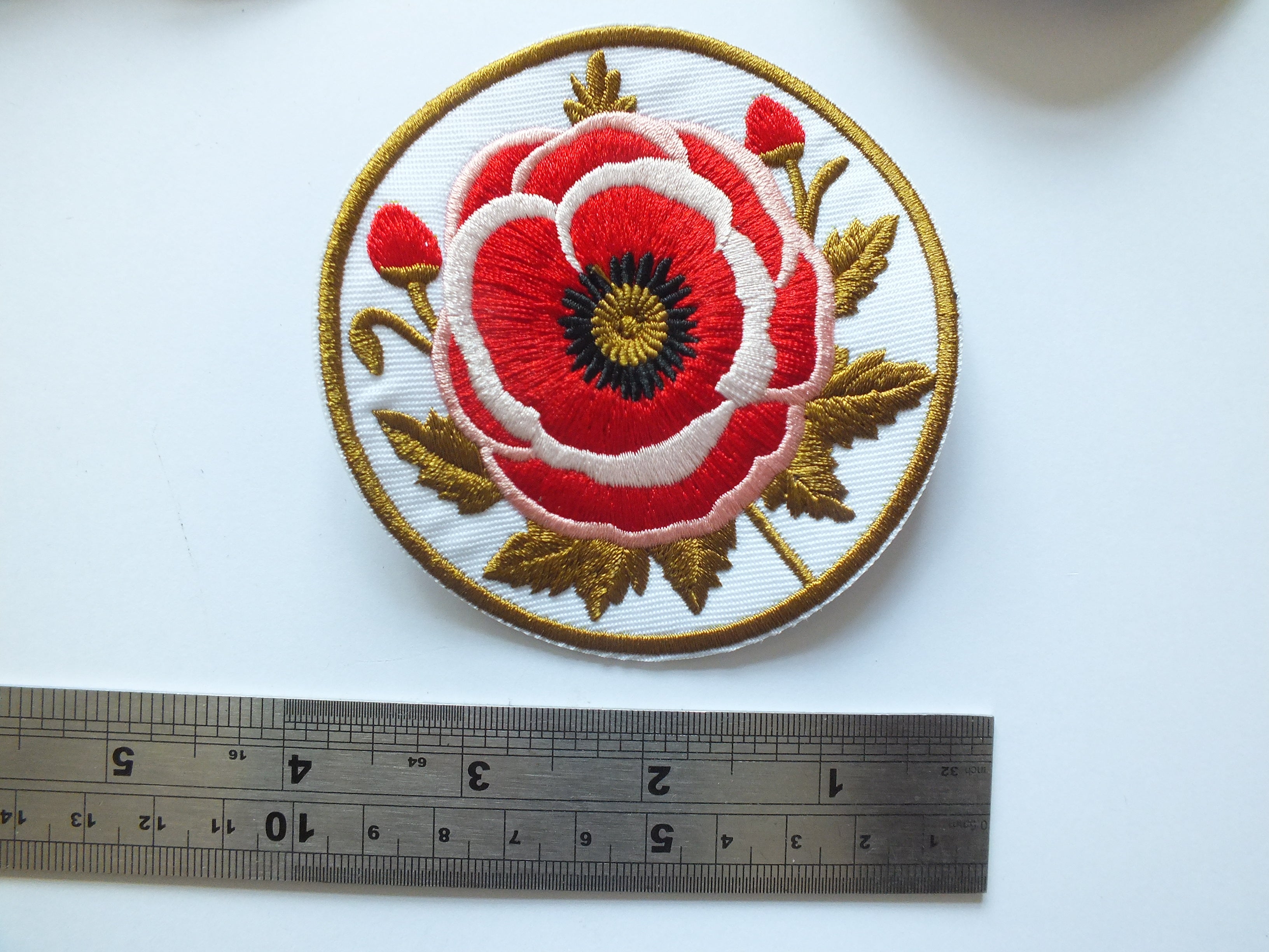 Red Poppy Patch Embroidered Round Flower Badge Iron On Hook and Loop Remembrance Poppy Patch Poppy Jacket Patch Embroidered Poppy Patch