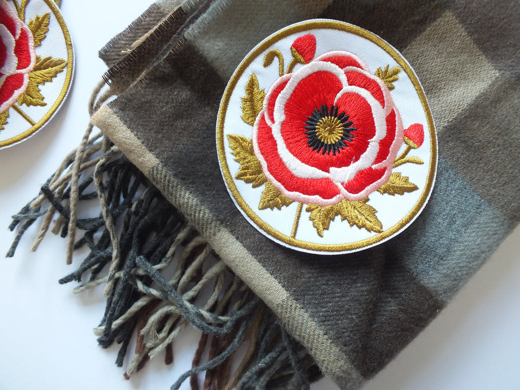 Red Poppy Patch Embroidered Round Flower Badge Iron On Hook and Loop Remembrance Poppy Patch Poppy Jacket Patch Embroidered Poppy Patch