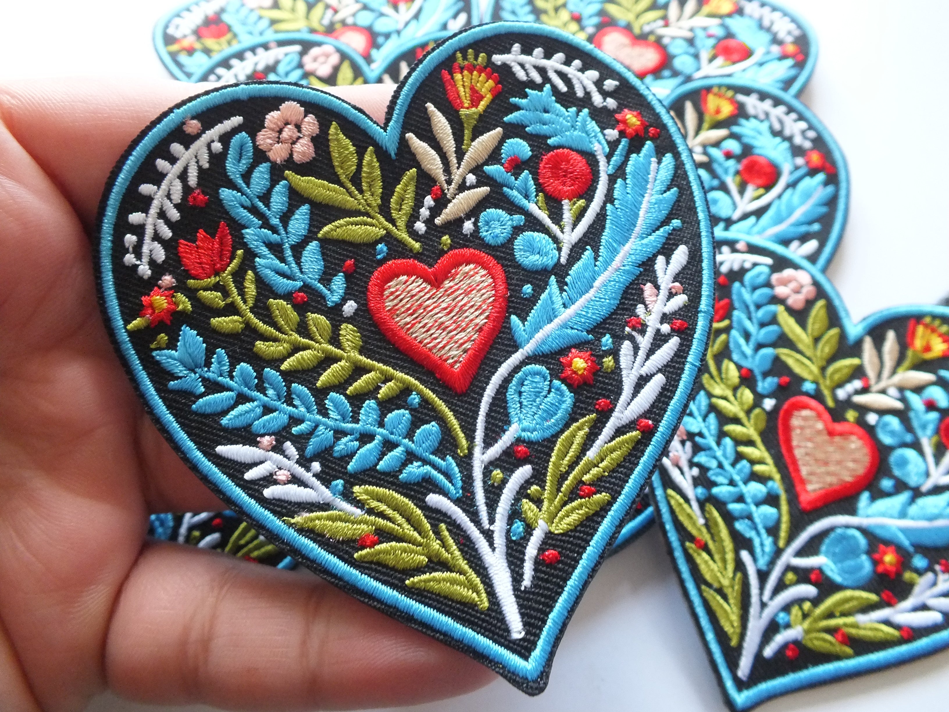 Embroidered Botanical Patch Personalized Floral Gifts for Mom Custom Heart Iron On Patch Large Sew On Flower Patches Love Heart Fabric