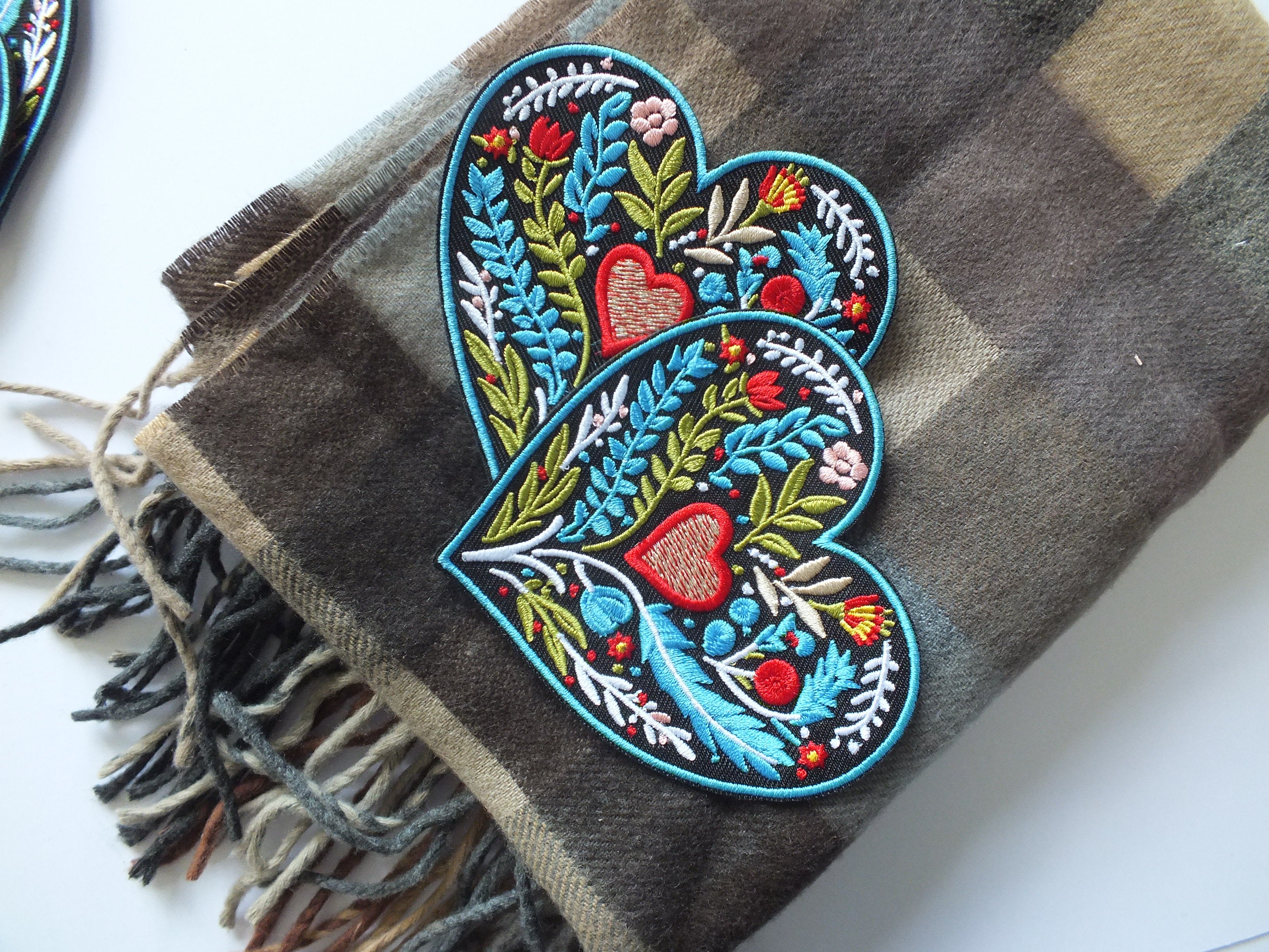 Embroidered Botanical Patch Personalized Floral Gifts for Mom Custom Heart Iron On Patch Large Sew On Flower Patches Love Heart Fabric