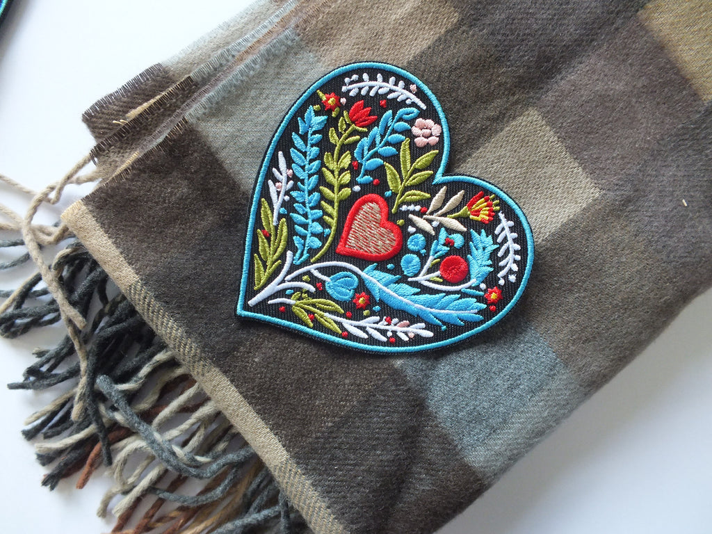 Embroidered Botanical Patch Personalized Floral Gifts for Mom Custom Heart Iron On Patch Large Sew On Flower Patches Love Heart Fabric