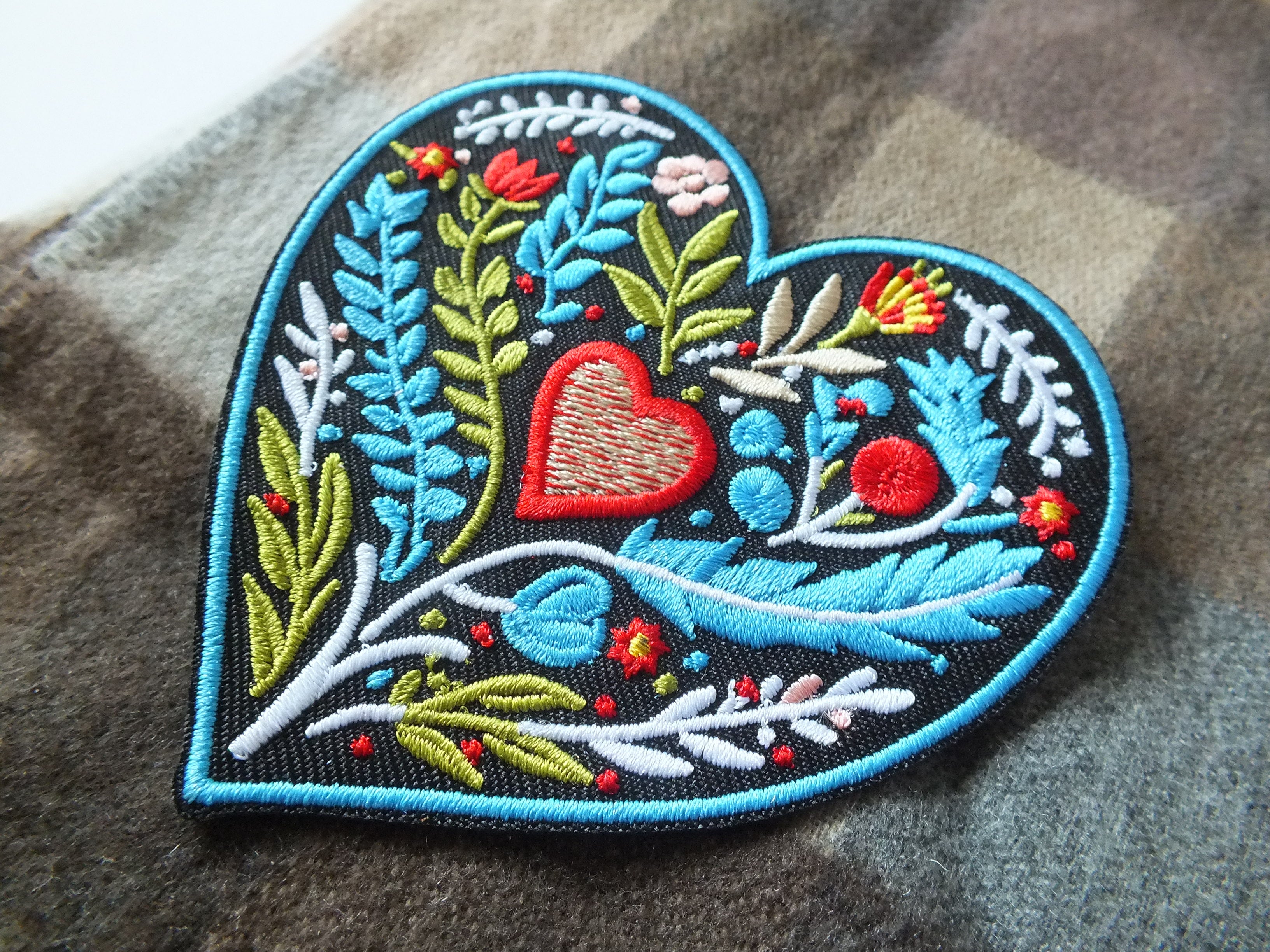 Embroidered Botanical Patch Personalized Floral Gifts for Mom Custom Heart Iron On Patch Large Sew On Flower Patches Love Heart Fabric