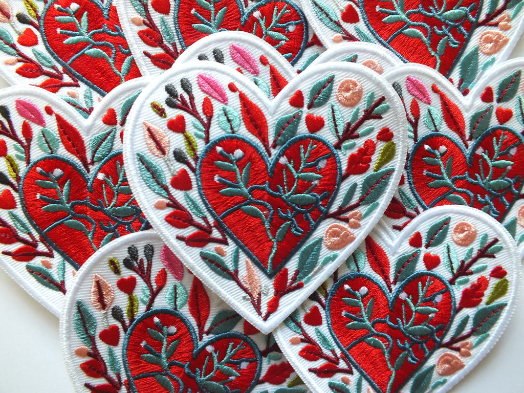 Love Heart Patch Embroidered Red Heart with Colorful Leaves Iron On or Hook Loop Cute Heart Patch Embroidered Anatomical Heart Jacket Badge