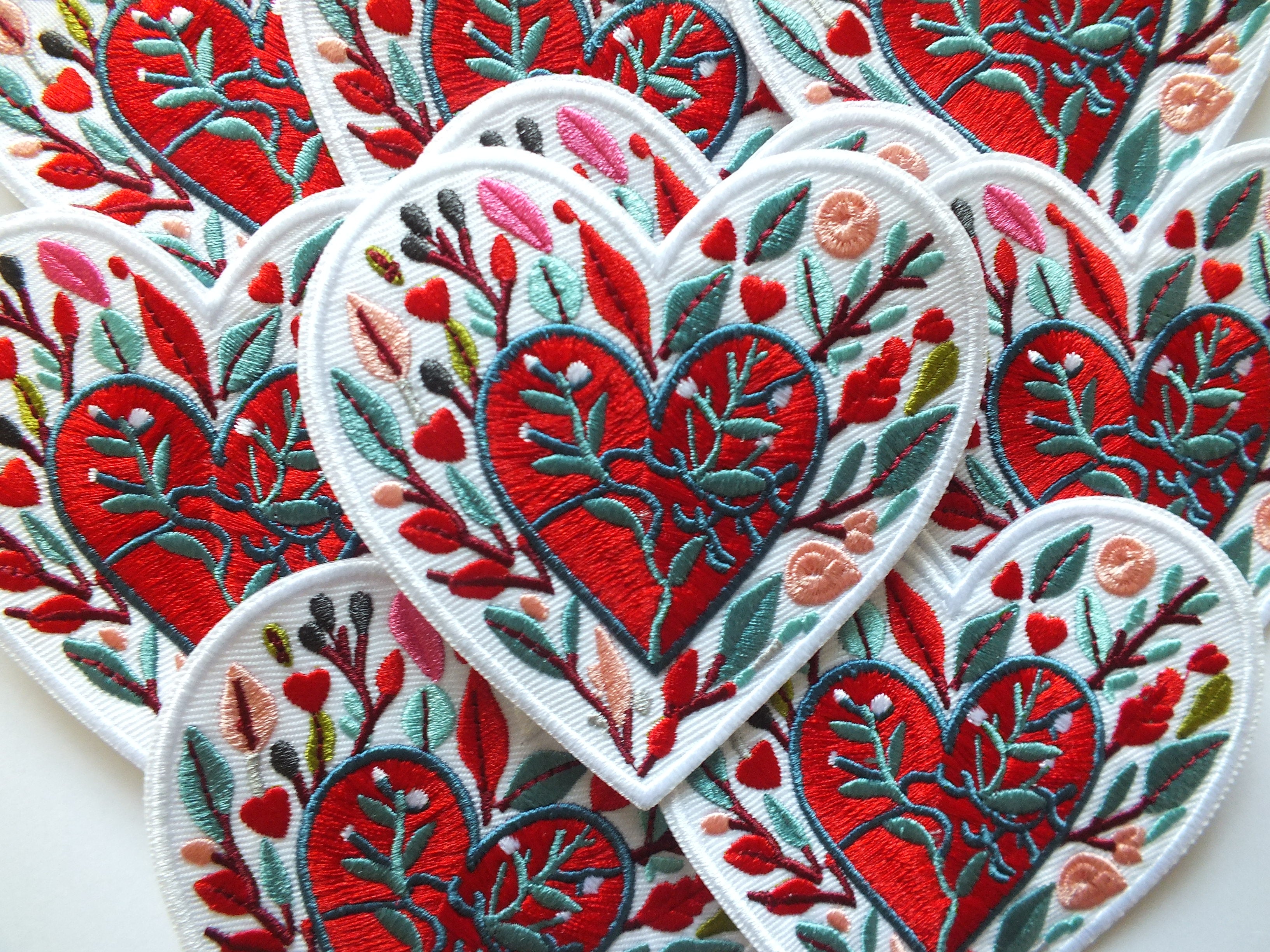 Love Heart Patch Embroidered Red Heart with Colorful Leaves Iron On or Hook Loop Cute Heart Patch Embroidered Anatomical Heart Jacket Badge