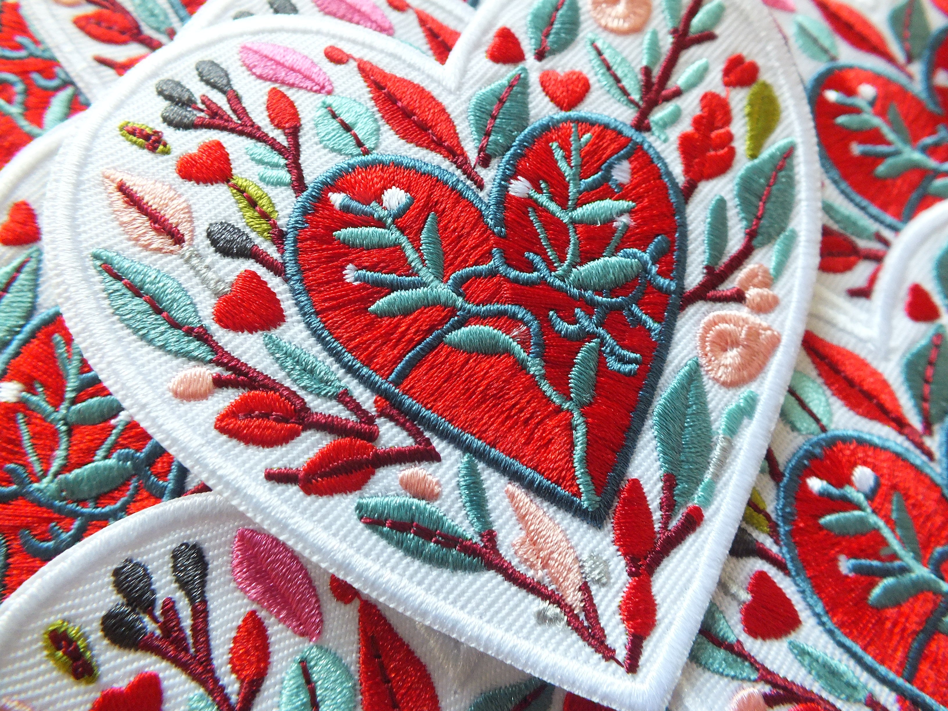 Love Heart Patch Embroidered Red Heart with Colorful Leaves Iron On or Hook Loop Cute Heart Patch Embroidered Anatomical Heart Jacket Badge