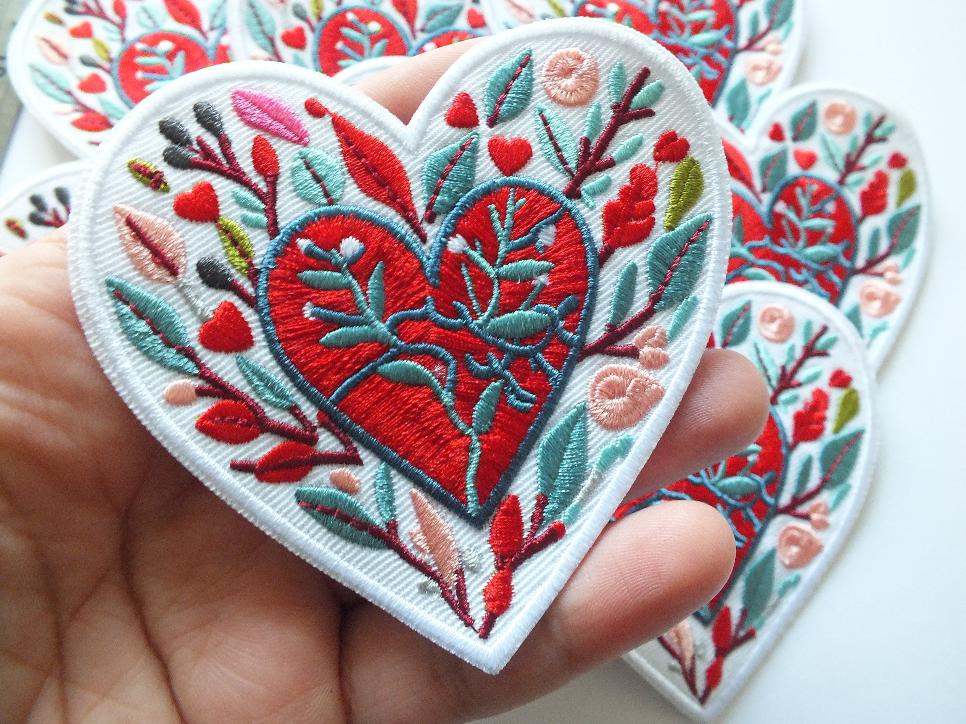 Love Heart Patch Embroidered Red Heart with Colorful Leaves Iron On or Hook Loop Cute Heart Patch Embroidered Anatomical Heart Jacket Badge