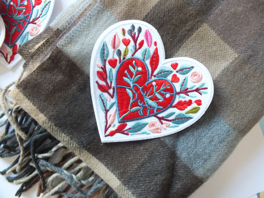 Love Heart Patch Embroidered Red Heart with Colorful Leaves Iron On or Hook Loop Cute Heart Patch Embroidered Anatomical Heart Jacket Badge